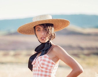 Straw Boater Hat with Black Velvet Ribbon, Wide Brim Canotier
