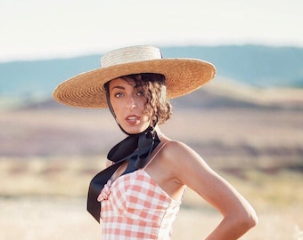 Sun Boater  with Black Velvet Ribbon, Straw Canotier, Wide Brim Straw Hat, Vintage Vogue Style  Straw Hat, Boater Hat