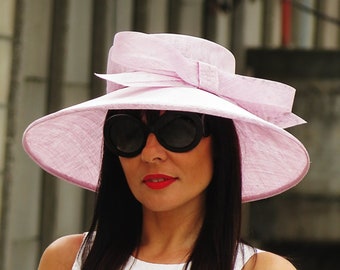 Lilac Wide Brim Sinamay Hat, Handmade Wedding Hat, Royal Ascot Hat, Statement Bow Hat, Race Day Occasion Hat