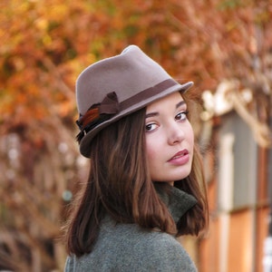 Beige Trilby Hat, Trilby Hat with Feathers, Brown Wool Felt Hat for Women, Women Winter Hat image 1