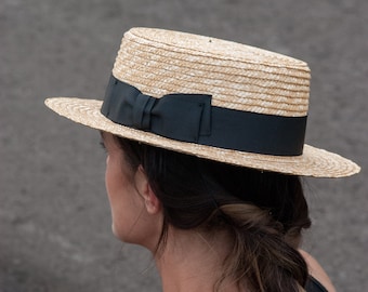 Handmade Natural Straw Boater Hat, Black Grosgrain Ribbon