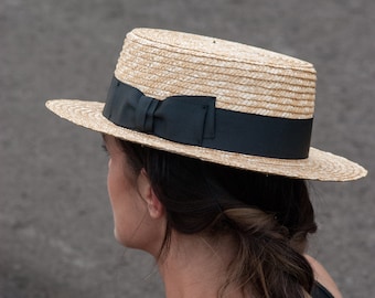 Chapeau de plaisancier en paille pour femmes, chapeau Canotier, chapeau d’été pour femmes, chapeau de paille naturel, chapeau de soleil, chapeau de plaisancier pour femmes,