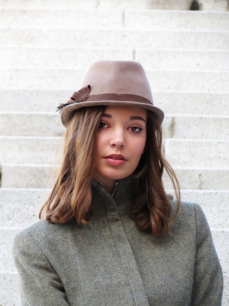 Beige Trilby Hat, Trilby Hat with Feathers, Brown Wool Felt Hat for Women, Women Winter Hat image 3