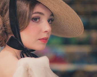 Bergère Straw Boater Hat, Vintage Style Velvet Ribbon Wedding Hat