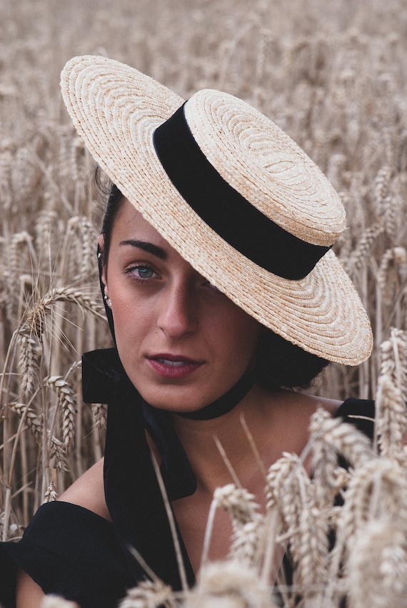 Color Stitch Straw Boater with Veiling Detail