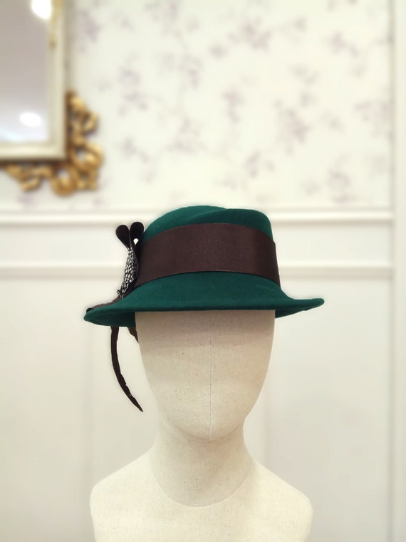 Vintage Style Bottle Green Wool Felt Hat - Feather Detail  display picture 1