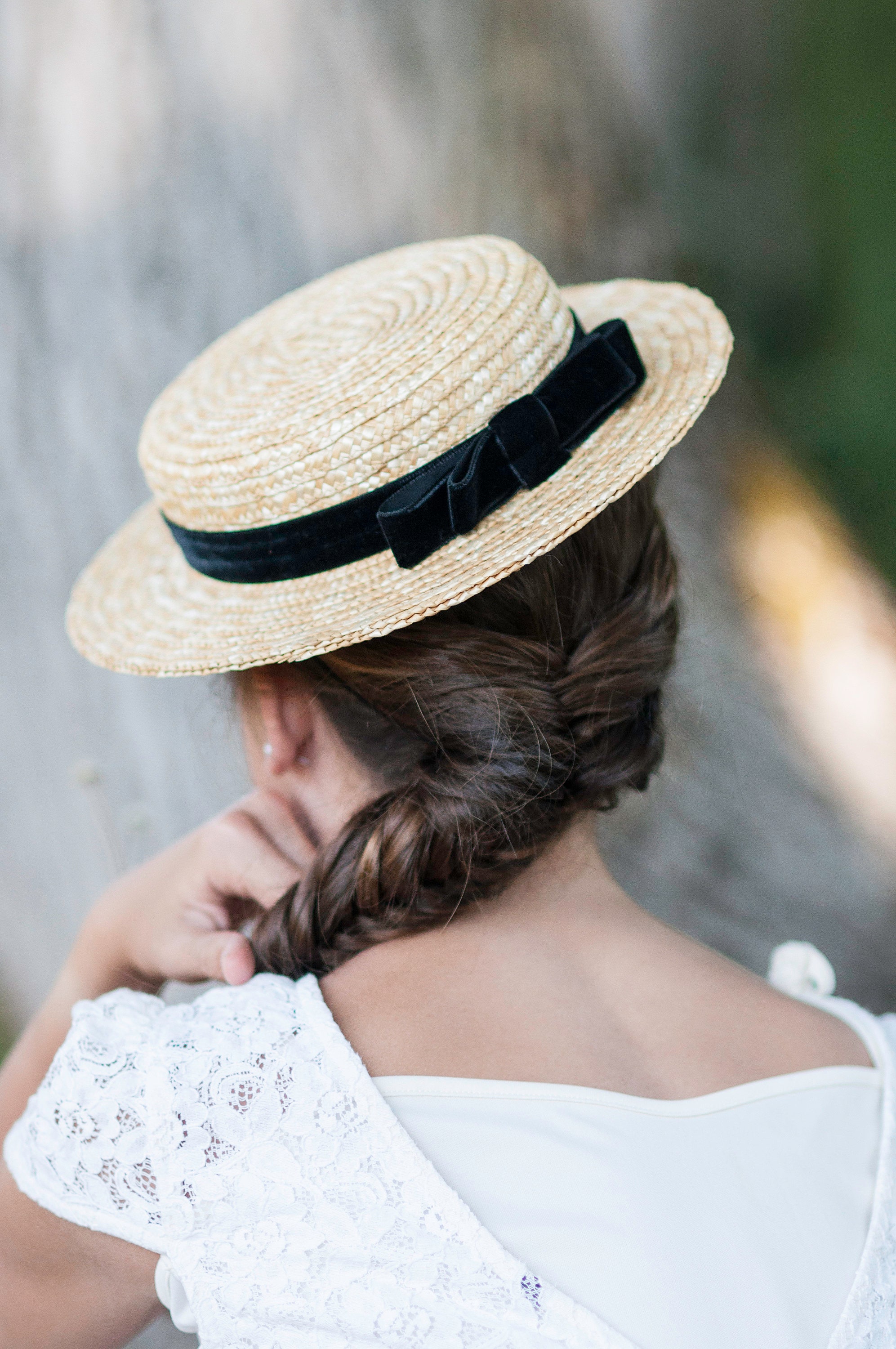 Straw Boater Hat, Black Velvet Ribbon, Edwardian Style - Etsy display picture 1