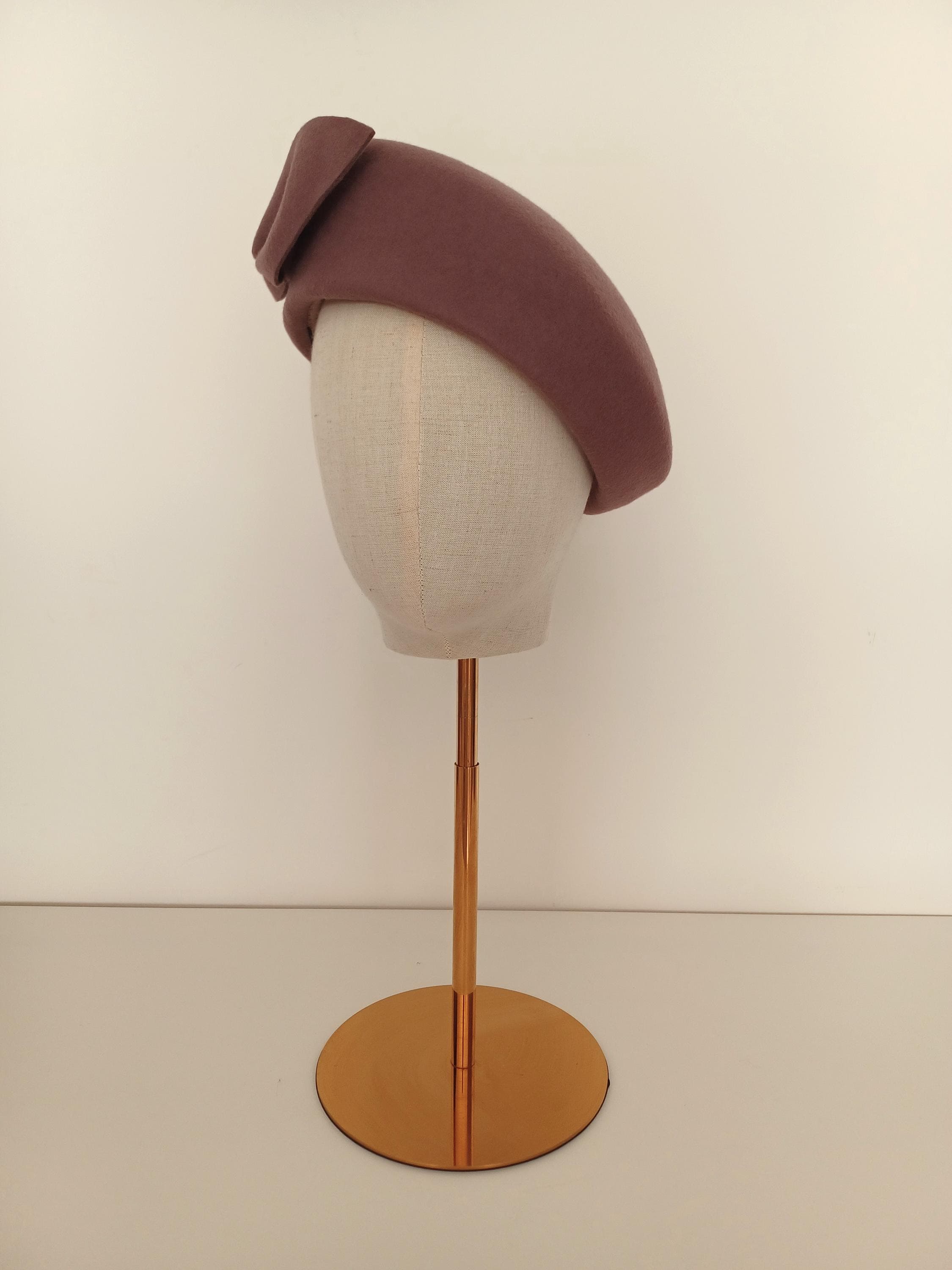Dusty Mauve Sculptural Felt Beret - Merino Wool Percher Hat, Handmade
