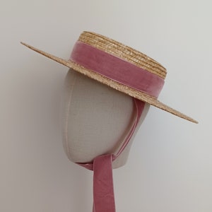 Flat Brim Hat with Pink Velvet Ribbon, Vintage Style Canotier,  1900s Style Straw Boater, Wide Brim Straw Boater Hat, Wedding Hat for Women