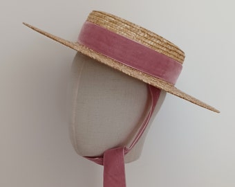 Flat Brim Hat with Pink Velvet Ribbon, Vintage Style Canotier,  1900s Style Straw Boater, Wide Brim Straw Boater Hat, Wedding Hat for Women