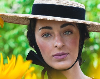 Bergère Straw Canotier, Wide Brim Sun Hat with Black Velvet Ribbon