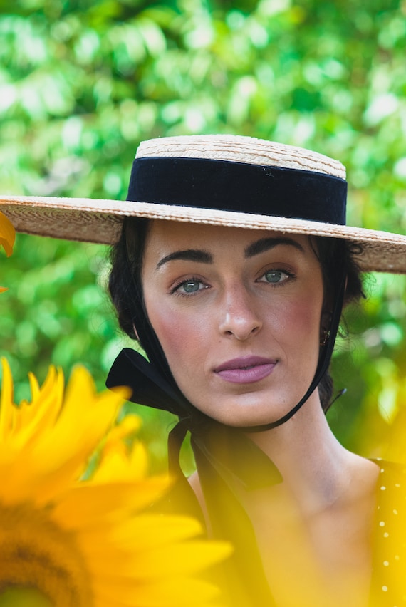 Bergère Straw Canotier, Wide Brim Sun Hat With Black Velvet  display picture 1
