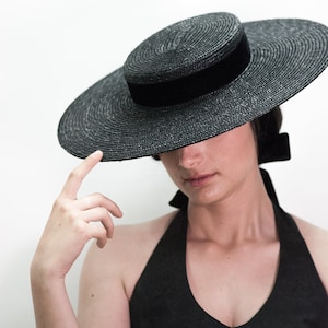Elegant Black Edwardian Canotier Straw Hat – Bridal & Race Day Boater with Ribbon Tie
