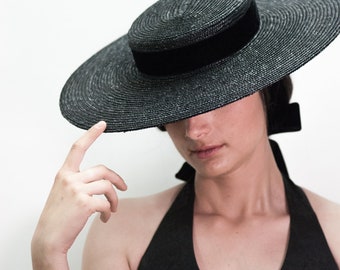 Elegant Black Edwardian Canotier Straw Hat – Bridal & Race Day Boater with Ribbon Tie
