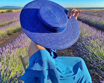 Navy Blue Straw Boater Hat, Wide Brim Edwardian Canotier