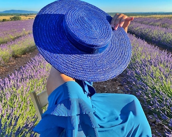 Blue Straw Hat, Vintage Vogue Style Boater Hat, Wide Brim Blue Straw Hat, Edwardian Style Canotier,Straw Hats Women, Vintage Style Hat