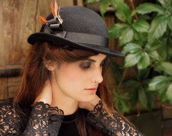 Women's British Style Black Bowler Hat with Pheasant Feathers -  Handcrafted Black Bowler Hat for Women
