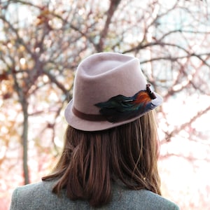 Beige Trilby Hat, Trilby Hat with Feathers, Brown Wool Felt Hat for Women, Women Winter Hat image 2