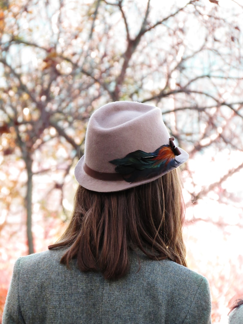 Beige Trilby Hat, Trilby Hat with Feathers, Brown Wool Felt Hat for Women, Women Winter Hat image 2