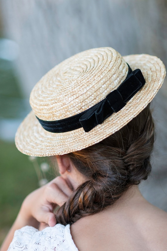 Straw Boater Hat, Black Velvet Ribbon, Edwardian Style - Etsy display picture 1