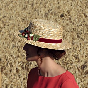 Canotier Hat with Velvet Flowers - Vintage Style Headwear for Women - Feminine Headpiece for a Romantic and Chic Look