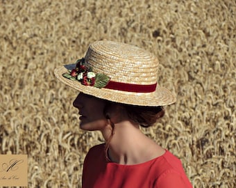 Canotier Hat with Velvet Flowers - Vintage Style Headwear for Women - Feminine Headpiece for a Romantic and Chic Look