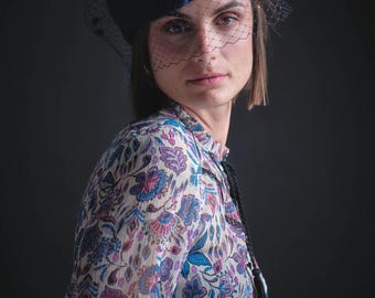 Royal Blue Felt Pillbox Hat, Polka Dot Tulle Veil, Vintage Style