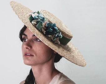 Straw boater  hat women, Wide  brim  straw  hat with preserved flowers,  Wedding straw canotier,  Sun hat for wedding guest