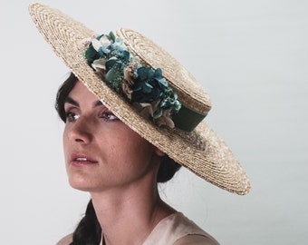 Wide Brim Straw Boater Hat, Preserved Flowers Wedding Canotier