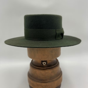 Bolero Hat, Wool Felt Hat, Wide Brim Felt Hat, Unisex Fedora Hat, Winter Hat, Green Wool Felt Flat Crown Hat