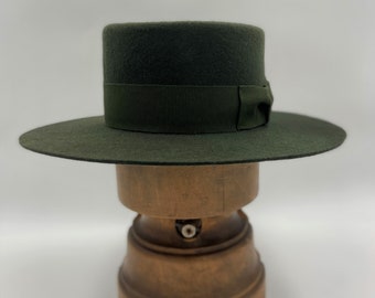 Bolero Hat, Wool Felt Hat, Wide Brim Felt Hat, Unisex Fedora Hat, Winter Hat, Green Wool Felt Flat Crown Hat