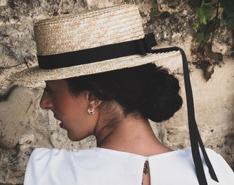 Chapeau canotier chic et tendance pour écolières - Chapeau canotier à la mode pour les tenues d'été - Chapeau d'été en paille de style vintage pour femme