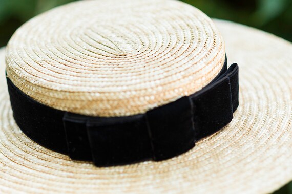Natural Straw Boater Hat With Black Velvet Ribbon - Etsy display picture 3