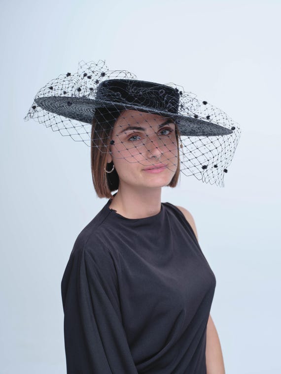 Black Boater or Church hat with  Velvet Bow Small Brim Boater Hat in Black - Edwardian Inspired Vintage  main image 4