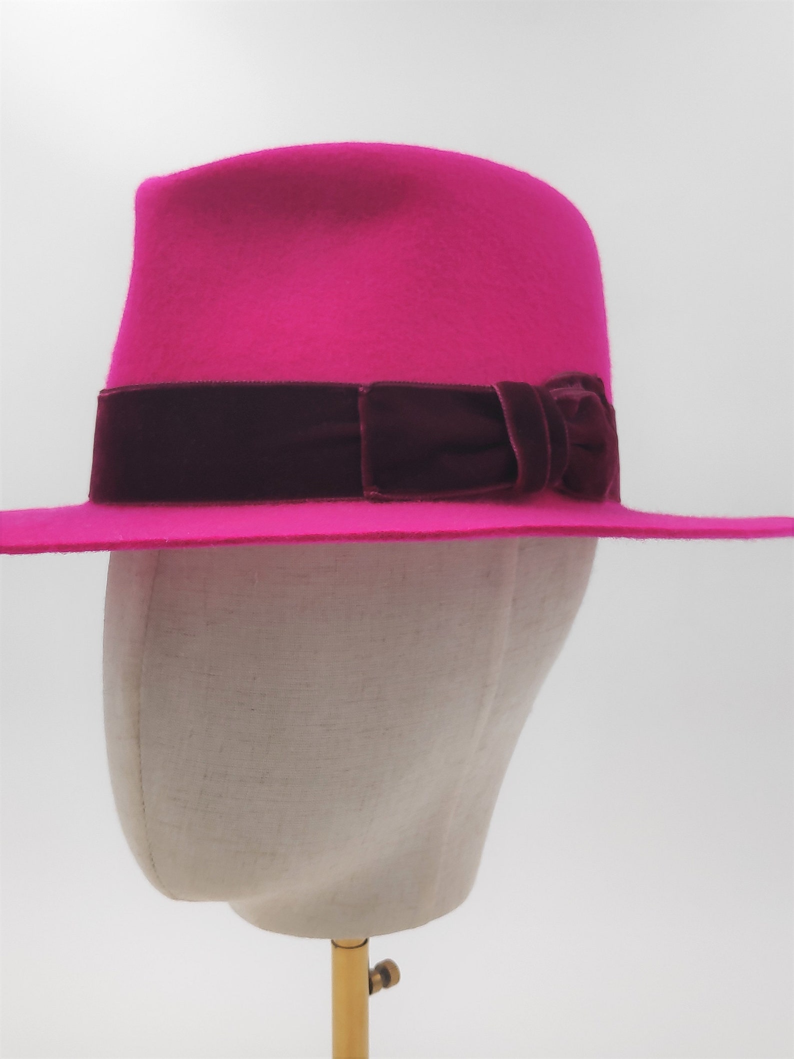 Hot Pink Fedora Hat, Wool Felt Hat, Women Hat With Velvet Ribbon, Wide