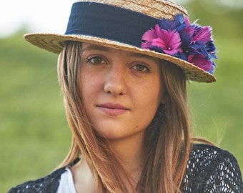 Handmade Straw Boater Hat with Feather Flowers, Velvet Ribbon