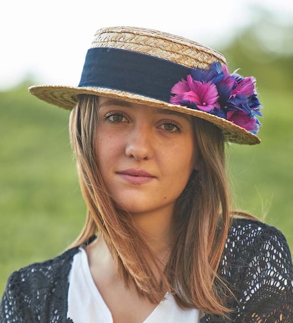 Cappello a canotier con fiori di piume cappello di paglia per | Etsy Italia
