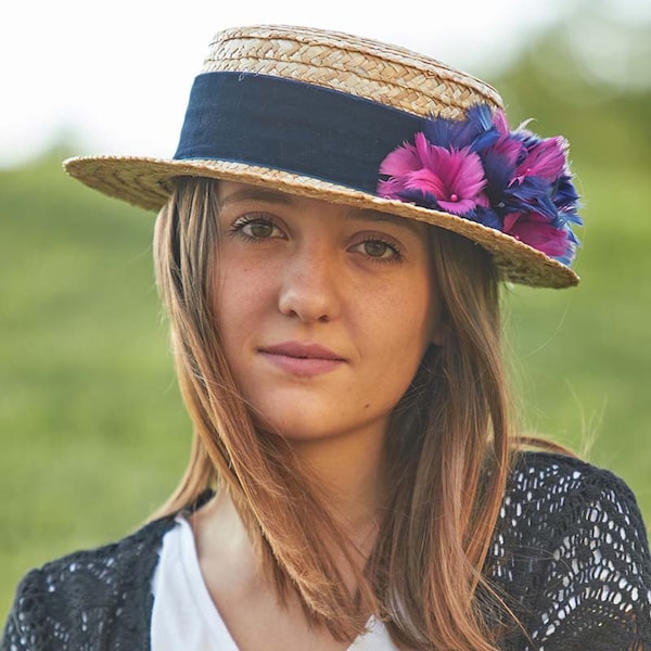 Canotier Hat with feather Flowers, Straw Hat for Women, Summer Boater Hat, Natural Straw Hat