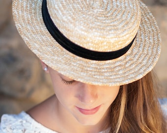 Anne of Green Gables Inspired Small Canotier Straw Hat - Handmade Vintage Style - Small Size for Kids