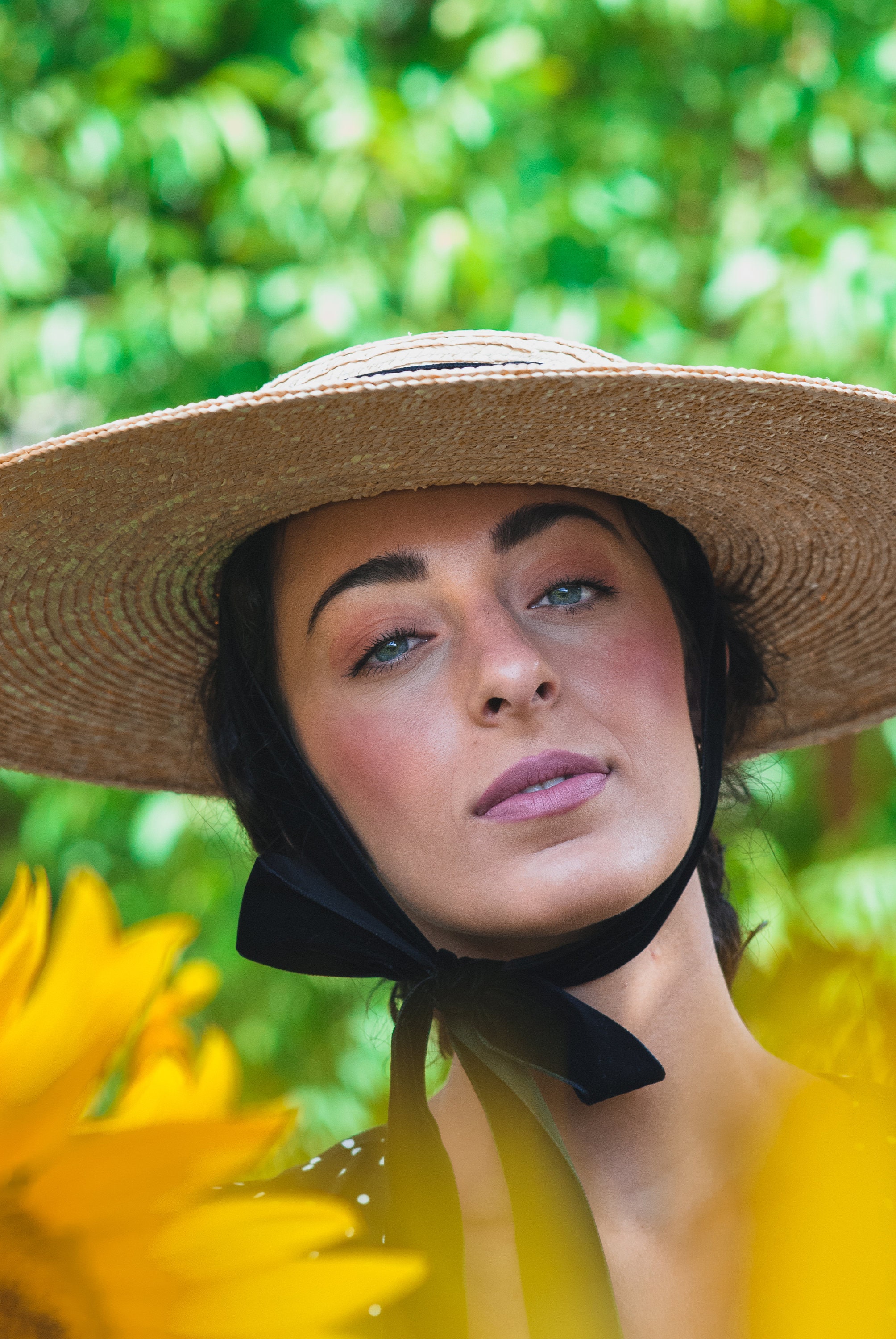 Bergère Straw Canotier, Wide Brim Sun Hat With Black Velvet 