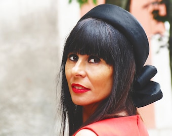 Black Silk Pillbox Hat with Bow, Handmade 1960s Style
