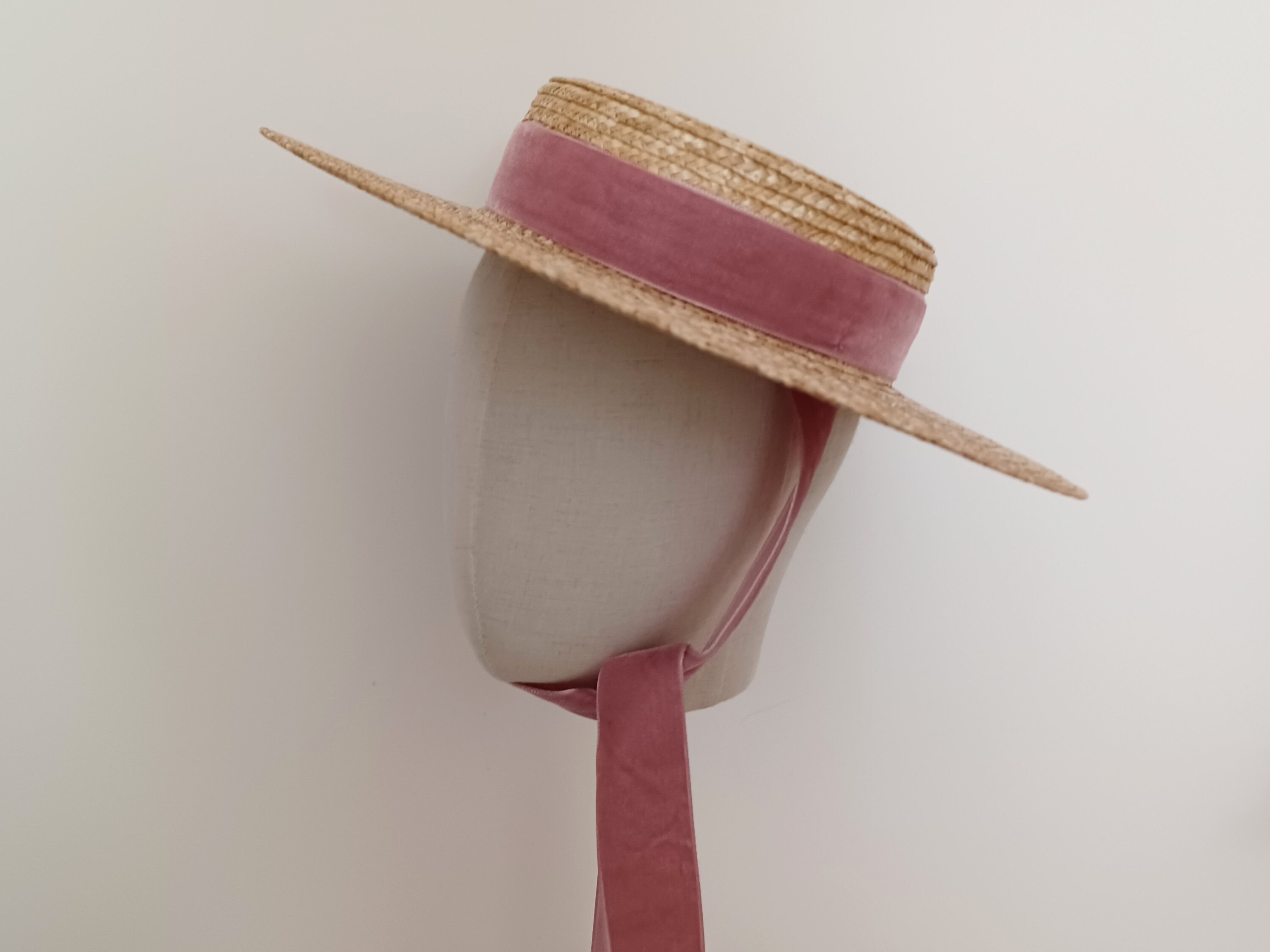 SALE Wyeth Straw Sun Boater with Pink Ribbon Vintage Straw Summer Canotier Boater Hat With Pink Ribbon  main image 2