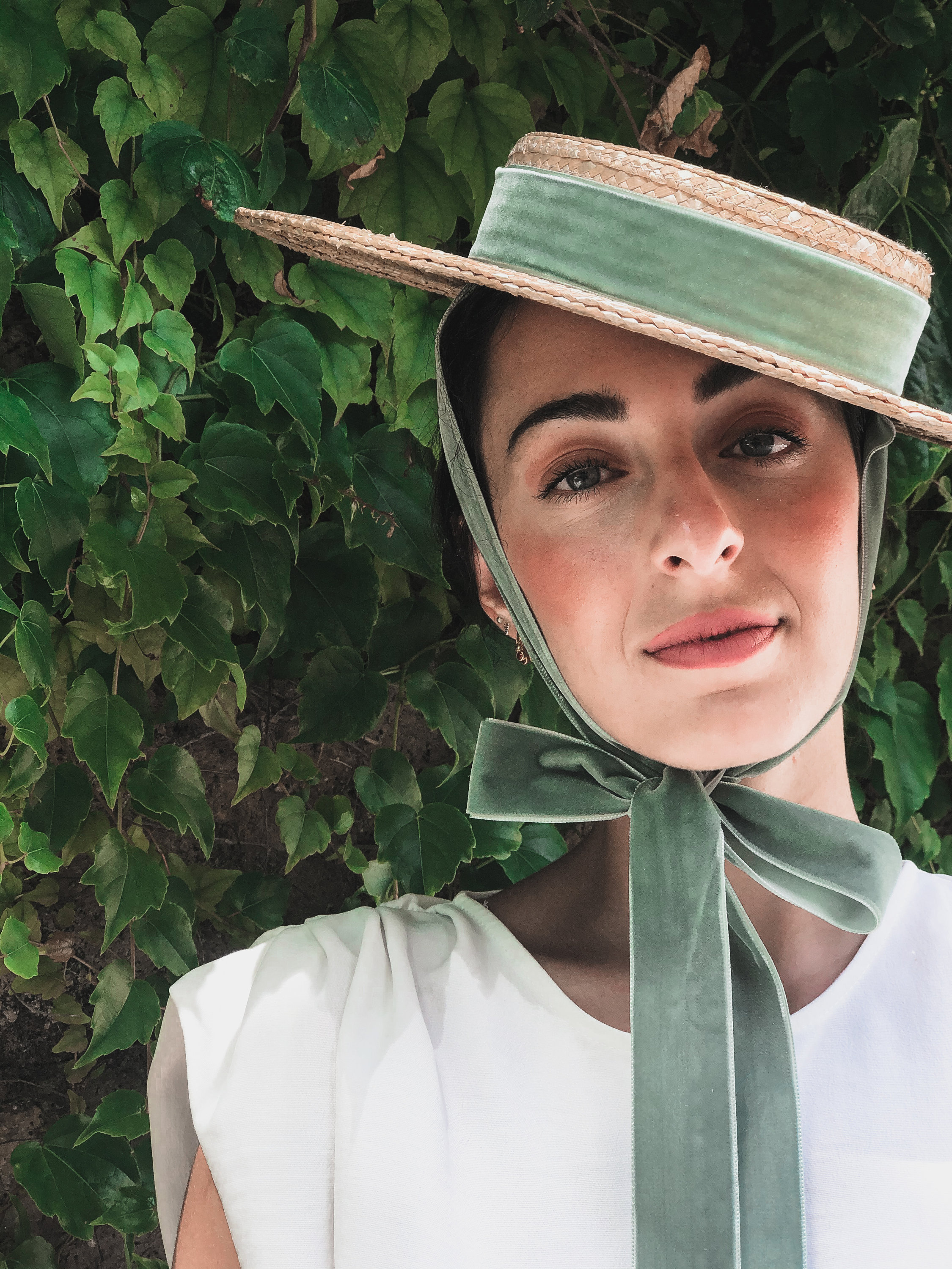 Vintage Style Straw Boater Hat, Light Green Velvet Ribbon 