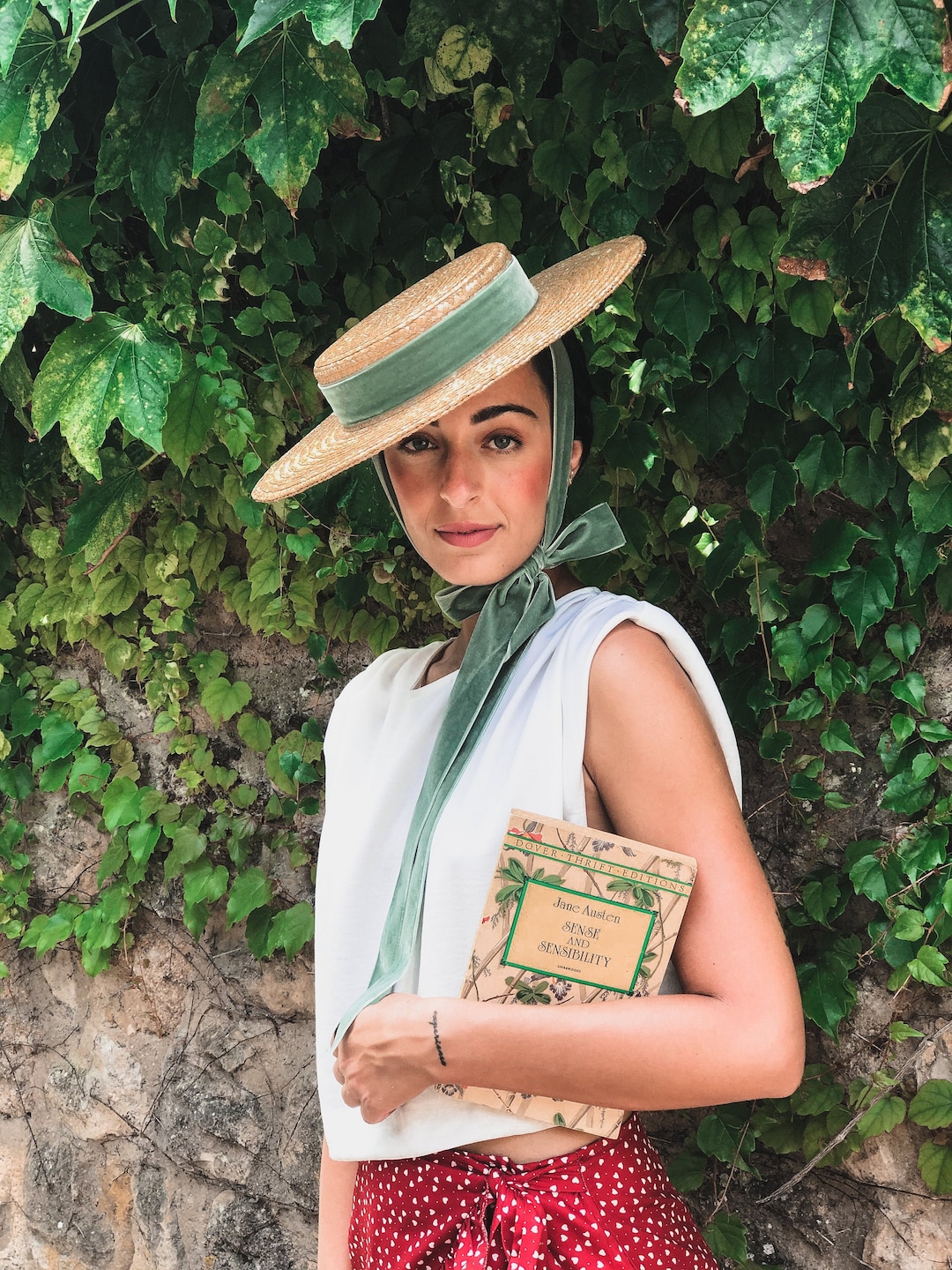 Cappello a tesa piatta con nastro in velluto verde chiaro, cappello da  marinaio in stile vintage, cappello da barcaiolo in paglia stile anni '90, 