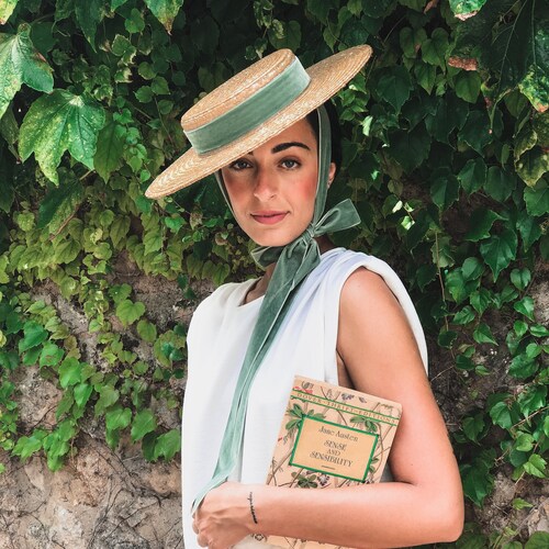 Vintage Style Straw Boater Hat, Light Green Velvet Ribbon  display picture 3