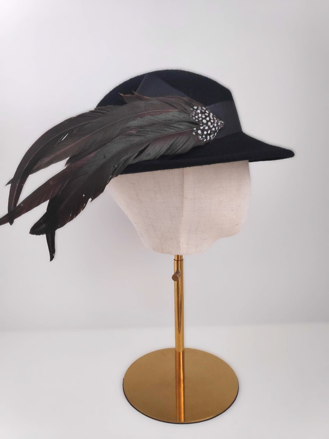 Classic Vintage Inspired Black Felt Hat With Feather Detail and Ribbon ...