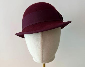 Wool Felt Bowler Hat, Burgundy Grosgrain Ribbon, Handmade Women's Hat