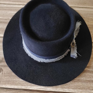 Bohemian Telescope Crown Hat - Handcrafted Bespoke Rabbit Fur Felt Headpiece -Men&#39;s Navy Blue Handmade Winter Hat