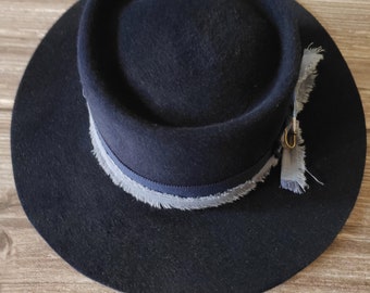 Handmade Telescope Crown Hat – Navy Blue Rabbit Fur Felt Headpiece