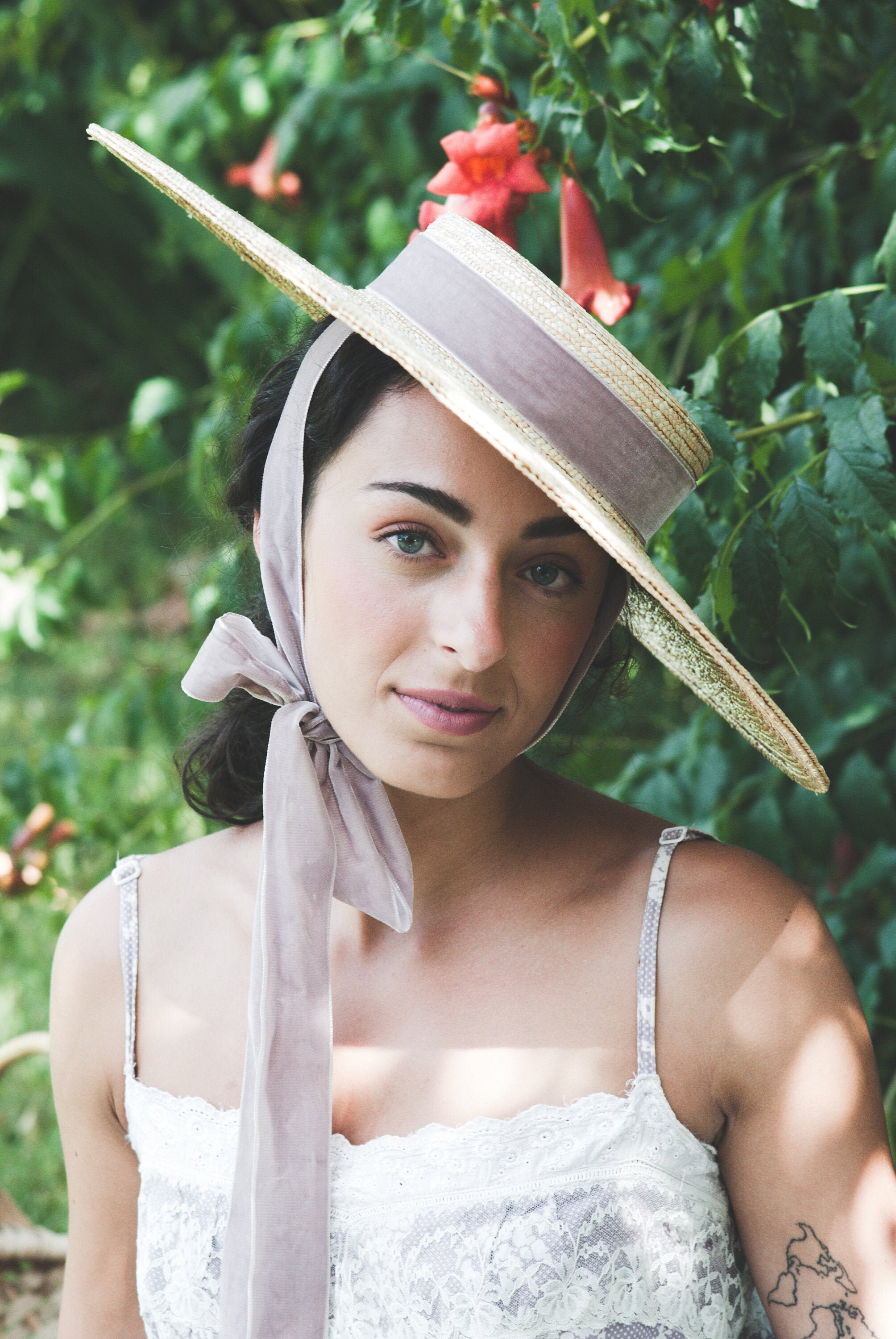 Wide Brim Straw Boater Hat With Soft Pink Velvet Ribbon - Etsy display picture 2